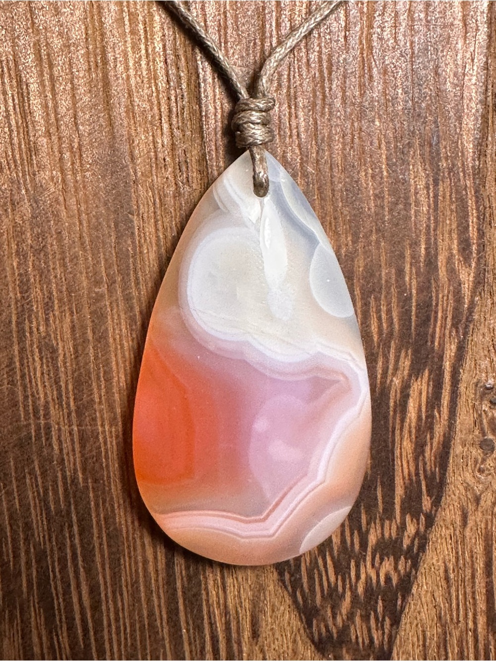 Coral Agate Teardrop Pendant Necklace on Thin Simple Tan Rope - Picture 11 of 14
